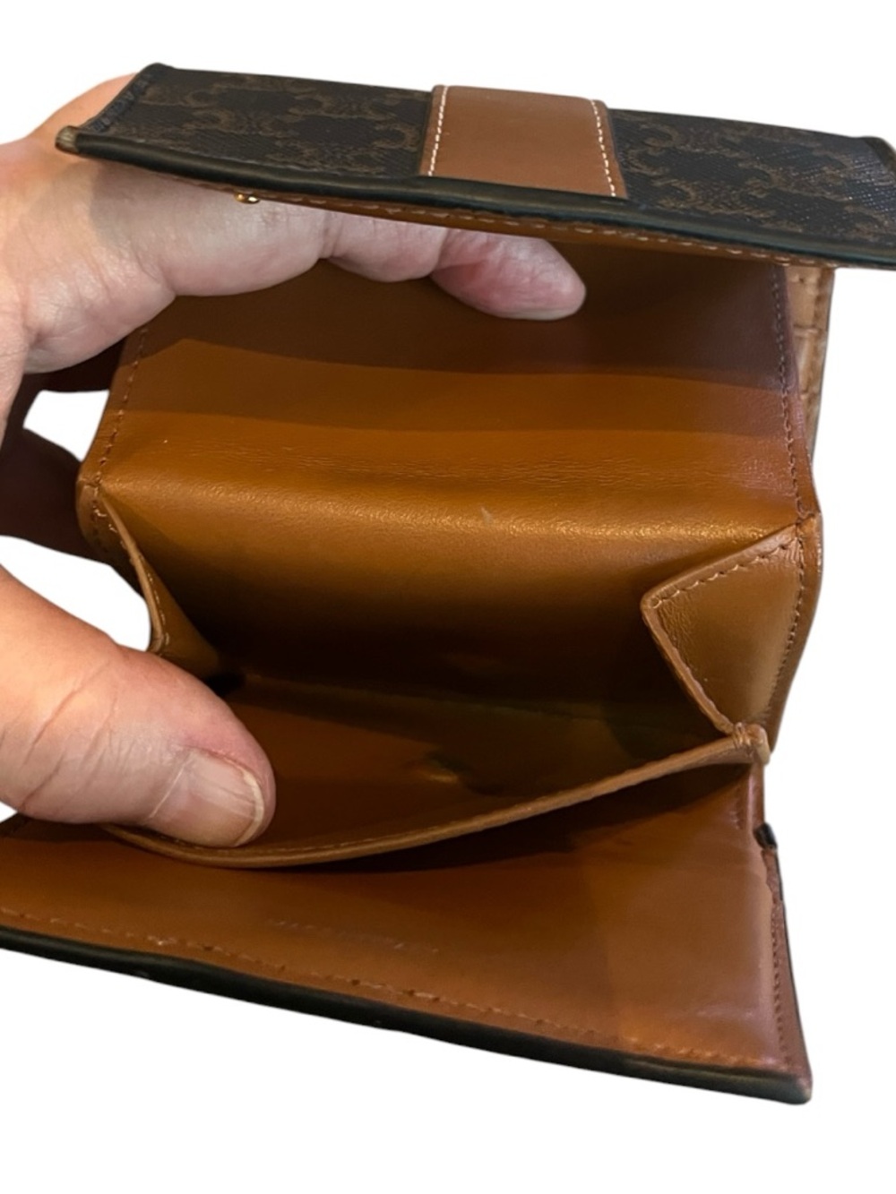 Celine Vintage Macadam Tri Fold Wallet Brown Canvas Leather Snap Coin - Picture 5 of 8